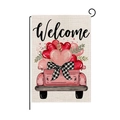 Welcome garden flag featuring a pink vintage truck with hearts and a black metal stand - Pink Vintage Truck Hearts Style (HYQ080-7)