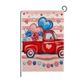 Valentine garden flag with red truck and pink hearts on striped linen background - Red Truck Pink Stripes Style (HYQ080-8)