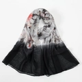 Soft floral bali yarn scarf in light grey with dark red blooms and black borders - Black Border (VE118-1)