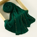 Dark green modal hijab with gold bead linear details on a light wooden display stand - 170cm / Dark Green