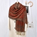 Elegant rust red paisley printed shawl with long tassels draped on an overcoat - 13# Orange Red