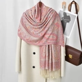 Close-up of colorful paisley print shawl with thick jacquard weave and ivory tassels - Dusty Rose (VS929)