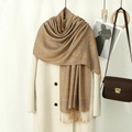 Detailed shot of vintage paisley jacquard shawl featuring soft fringe and warm camel tones - Camel Blue (VS929)