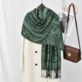 Green paisley shawl with black tassels over a white coat for a boho-chic spring outfit - Dark Green (VS929)