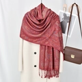 Thick red jacquard shawl with paisley pattern and tassels draped on white coat - Red (VS929)