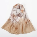 Elegant floral print shawl in soft beige and white gradient chiffon for women - Khaki Border (VE118-2)