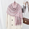 Ethnic paisley print long scarf with tassels draped over a coat for a stylish spring look - Light Pink (VS929)