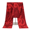 Detail of red polyester scarf with traditional Chinese patterns and fringe tassels - Peace Amulet Style (No. 1 Peace Amulet)
