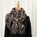 Close-up of leopard print scarf texture with thick cashmere-like fabric and fringe detail - 2# Black Beige