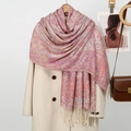 Écharpe châle jacquard cachemire élégante avec franges et étiquette faite main - Bleu marine