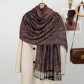 Elegant paisley jacquard shawl with fringe tassels on white coat background - Black Red