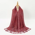 Close-up of burgundy Paisley jacquard pattern with fine tassel fringe on long shawl - Wine Red