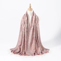 Detail of elegant paisley jacquard pashmina with decorative white fringe tassels - White Pink
