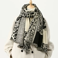 Leopard print pashmina shawl scarf for women with tassels and geometric patchwork - 180*70cm / Black