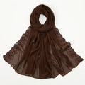 Close-up view of the elegant brown chiffon scarf featuring delicate rose embroidery details. - Coffee