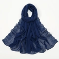 Dark blue embroidered chiffon hijab scarf, elegant floral edge wrap shawl for women detail view - 7# Navy Blue