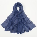 Detailed view of blue chiffon embroidered long scarf, perfect for stylish hijab and shawl. - Blue