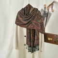 Ethnic paisley shawl scarf with black fringes in brown and orange tones - Black (VS929)