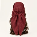 Close-up of knotted burgundy polka dot scarf with rhinestones on wavy hair model - 80*80cm / Burgundy