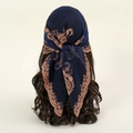 Dark blue embroidered square scarf with floral lace trim, versatile fashion headscarf style - 80x80cm / Navy Blue