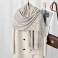 Elegant paisley tassel shawl in beige and blue draped over a white wool coat - Off White (VS929)