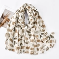Écharpe longue imprimé chat en voile beige avec pompons et tissu en coton doux et respirant - XS003-02