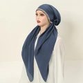 Hijab etnico blu scuro con bordo di perline argentate e turbante elastico donna - Blu Denim (4#)