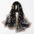 Hijab in chiffon nero con stampa floreale di tulipani bianchi e rosa e bordo beige - Tulipano Nero (XQ478-7#Nero)