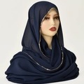 Dark blue lightweight chiffon hijab scarf with elegant golden beaded trim on a mannequin - 6# Navy Blue