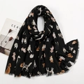 Écharpe noire en coton et lin avec motifs de chiens mignons et bords frangés - XB939-01