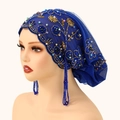 Dunkelblauer Spitzen-Turban für Damen mit goldenen Blumen-Pailletten und Perlenquasten - Königsblau (MSL214-3#)