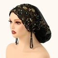 Schwarzer Spitzen-Turbanhut für Damen mit bunten Perlen und goldener Blumendekoration - Schwarz (MSL214-1#)