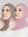 Detail view of two crossover mercerized cotton hijabs in brown-grey and light pink - One Size / Light Khaki + Dusty Pink