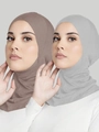 Detail of brown and grey cotton hijab inner caps with elastic full coverage design - One Size / Light Khaki + Light Grey