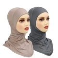 Detail of two-piece mercerized cotton hijab underscarf set with seamless neck coverage - One Size / Light Khaki + Dark Grey