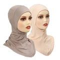 Two-pack of cross mercerized cotton hijab caps in taupe and beige for full head coverage - One Size / Light Khaki + Beige