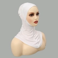 Close-up of white jersey cotton hijab undercap with cross-front design and neck coverage - White