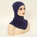 Detail view of purple mercerized cotton ninja hijab cap with precise stitching and neck cover - Navy Blue