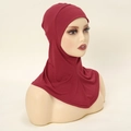 Detail of burgundy mercerized cotton hijab cap showing elastic knit texture and chin coverage - Burgundy