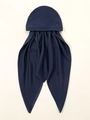 Close-up of dark blue ethnic style elastic headscarf with long twin tails for women - One Size / Navy Blue