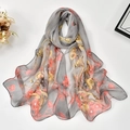 Elegant georgette sun protection scarf with grey floral plum blossom print for beachwear - 160x50cm / Gray