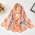 Detail of Georgette scarf with elegant ink plum blossom print on soft apricot fabric - 160x50cm / Orange