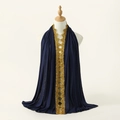 Navy blue mercerized cotton scarf featuring golden sequined lace trim on a mannequin - 185x55cm / Navy Blue (SW096-2)