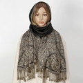 Close-up of vintage black and gold sunflower embroidery scarf with elegant long fringes - 175*70cm / Black Gold (1#)