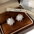 Macro detail of silver starburst stud earrings in a luxury brown velvet jewelry gift box - Silver Firework Stud Earrings / Silver