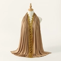 Caramel brown mercerized cotton headscarf with gold sequin lace trim for women - 185x55cm / Camel (SW096-5)