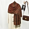 Bohemian paisley shawl with fringes draped over an elegant cream wool coat for winter - 180*70cm / Wine Red