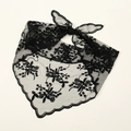 Close-up of black floral embroidery on mesh lace triangle scarf with scalloped edges - VS769-1#Black / 135cm
