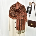 Ethnic paisley shawl scarf in dark red and brown with tassel edges on a white coat - 180*70cm / Black Red