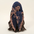 Dark blue headscarf with brown embroidery lace detail displayed on a mannequin - 78x73cm / Navy Blue (8#)